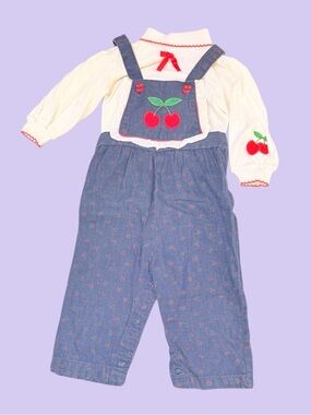 Vtg 80s 90s Health-tex Baby Girl Jumpsuit 24 Mos Faux Denim Cherry Overalls USA
